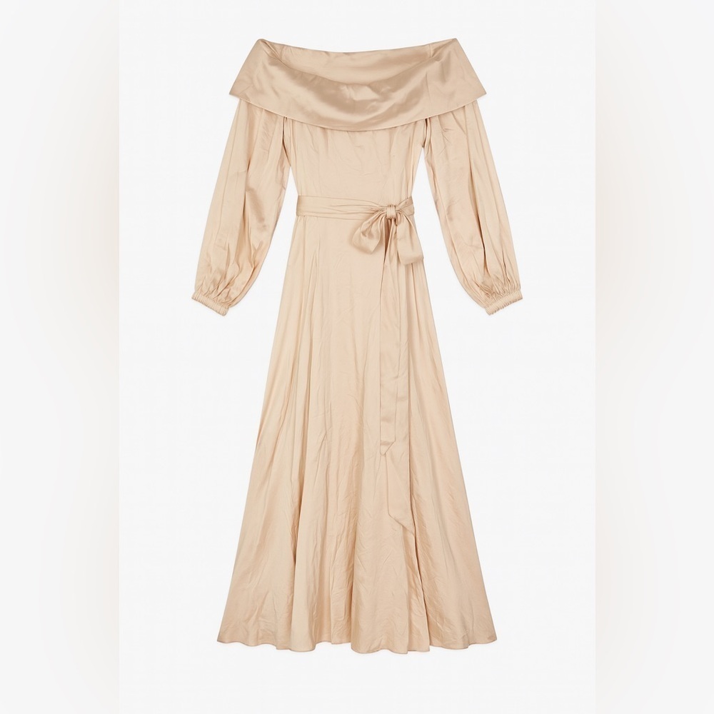 Tanya Taylor beige maxi dress fold over neck belted long sleeve vintage inspired